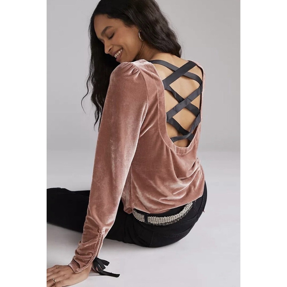 Anthropologie Size XS Long Sleeve Velvet Top‎ Ribbon Open Back Copper Black